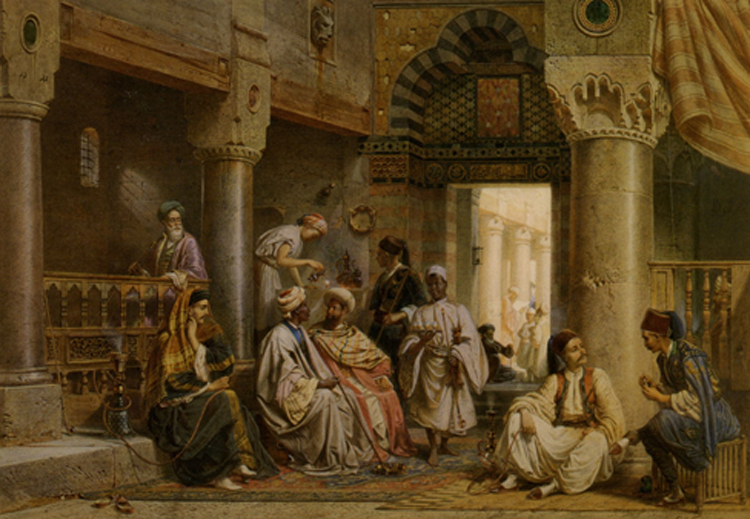 لوحة من العام 1871  للفنان كارل فيرنر يصوّر فيها أحد المقاهي في القاهرة المخصصة لتدخين الشيشة
